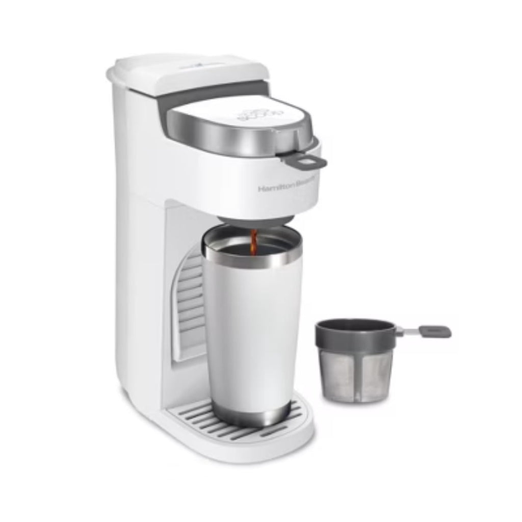 Single-Serve Coffee Maker: White, 14 oz Capacity, Uses Pods &amp; Ground Coffee, Dishwasher-Safe