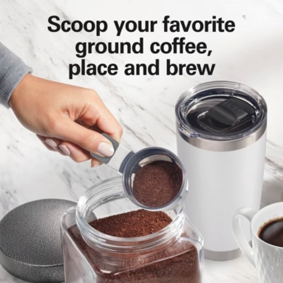 Single-Serve Coffee Maker: White, 14 oz Capacity, Uses Pods &amp; Ground Coffee, Dishwasher-Safe