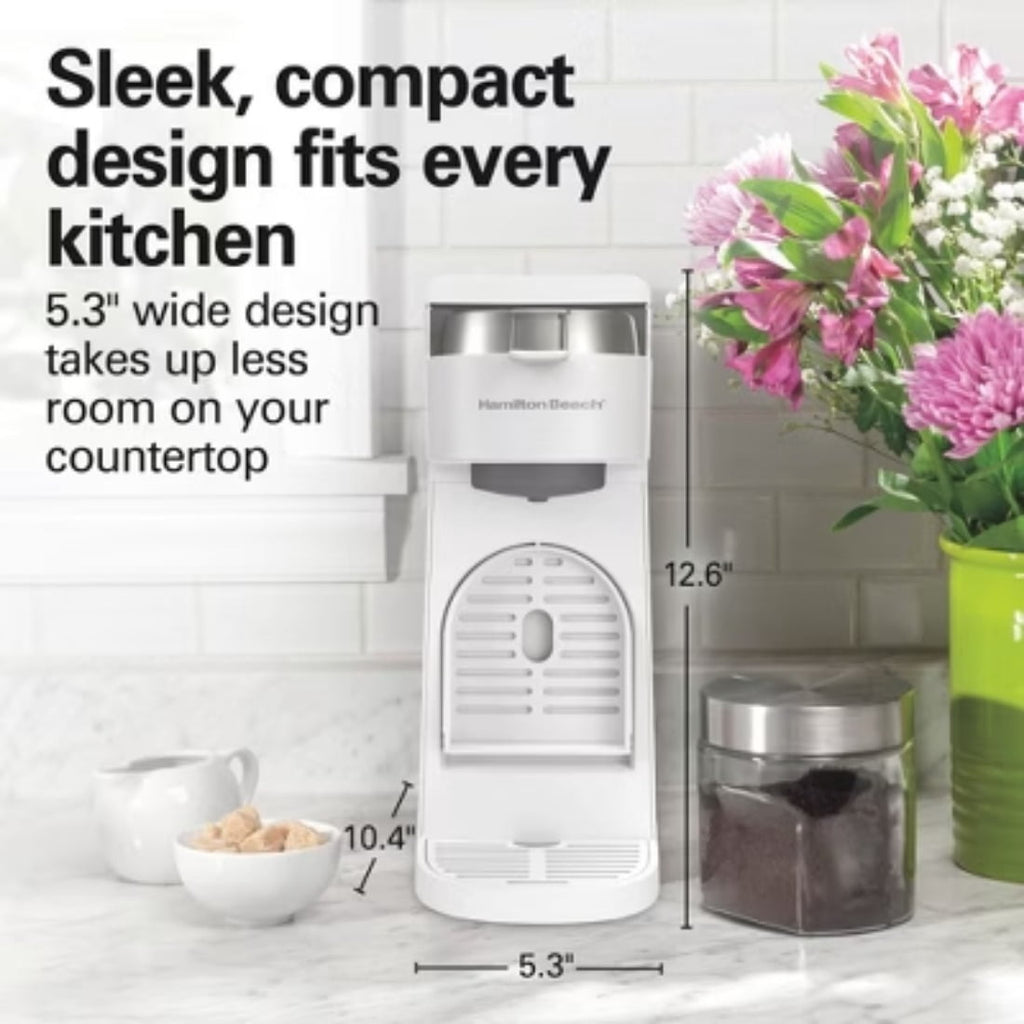 Single-Serve Coffee Maker: White, 14 oz Capacity, Uses Pods &amp; Ground Coffee, Dishwasher-Safe