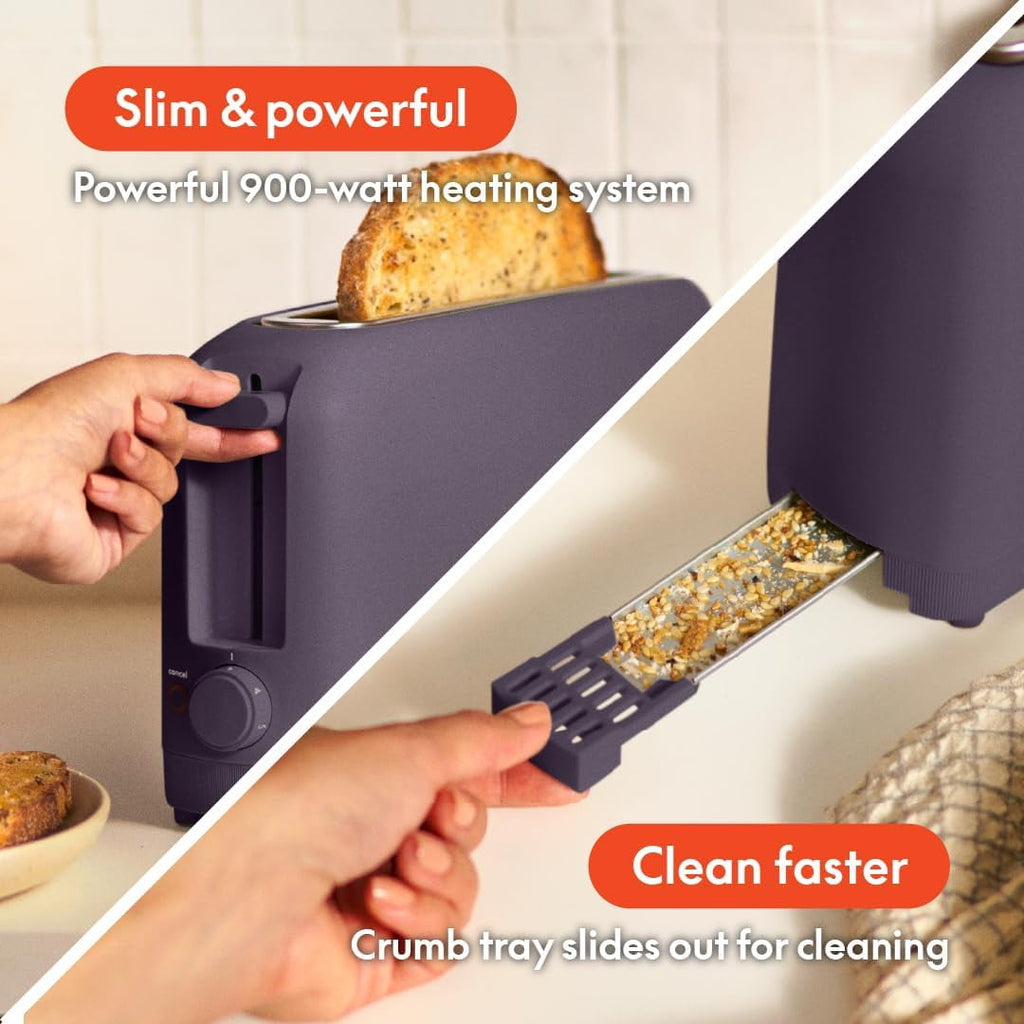 2 Slice Slim Toaster, 6-Level Color Adjustment with Reheat and Cancel Buttons, Removable Crumb Tray, 10" Long Slot, Anti-Jam and Auto-Off, Self-Centering Guide and Cord Winding, 900 Watts, Surf
