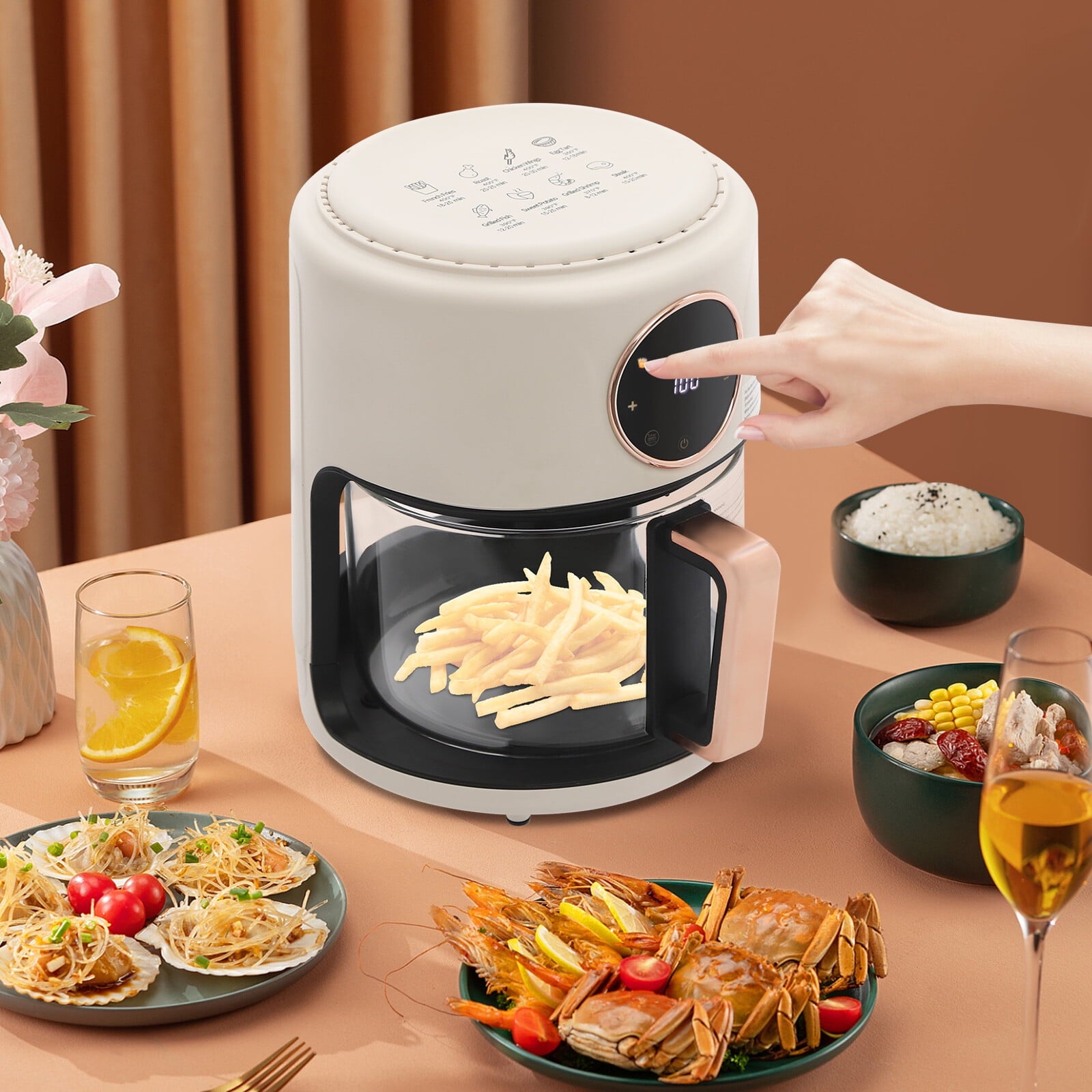 3.81Qt Air Fryer, Portable Glass Air Fryer Compact Smart Air Fryer Oven 8 Preset Modes with Digital Display Fast Preheat for Home Kitchens, Restaurants, Family Gatherings, Outdoor Picnics (White)