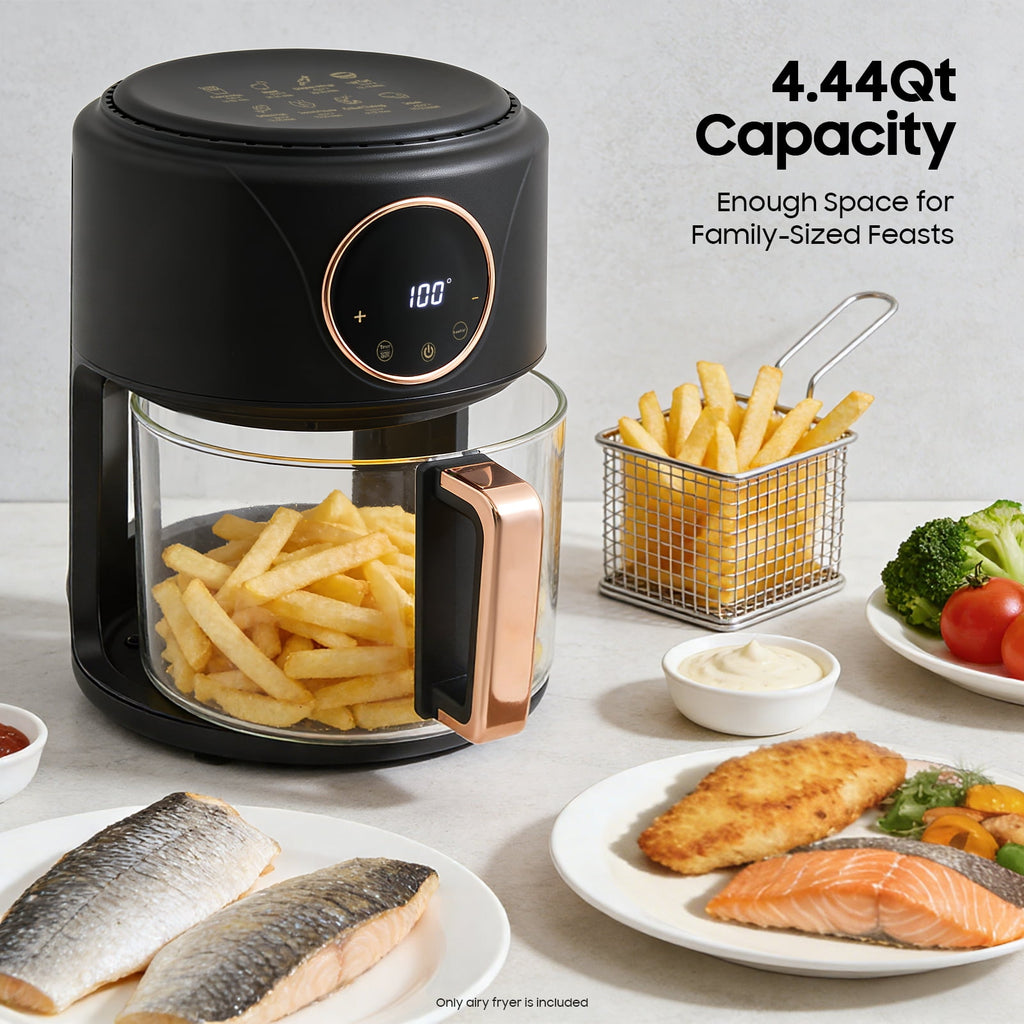 1200W 4.2L Airy Fryer Glass Air Fryer 110V Modern 360° Viewable Airy Fryer Black for Home Kitchens, Restaurants, Family Gatherings
