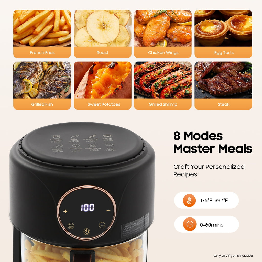 1200W 4.2L Airy Fryer Glass Air Fryer 110V Modern 360° Viewable Airy Fryer Black for Home Kitchens, Restaurants, Family Gatherings