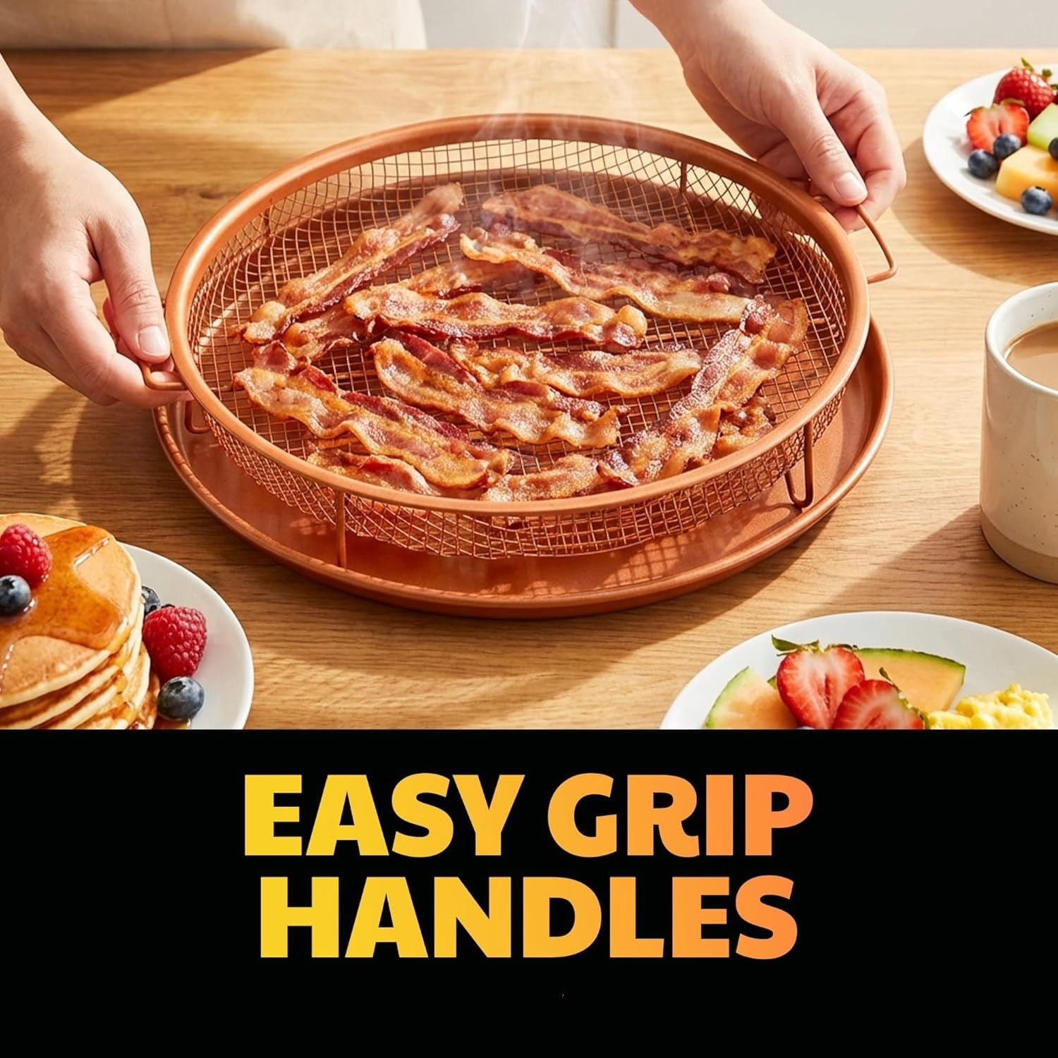 2 Piece Copper Air Fryer Tray, Non Stick Air Fry Crisper Baskets for Air Fryers, Oven and Dishwasher Safe, Round Pizza &amp; Bake Pan Frying