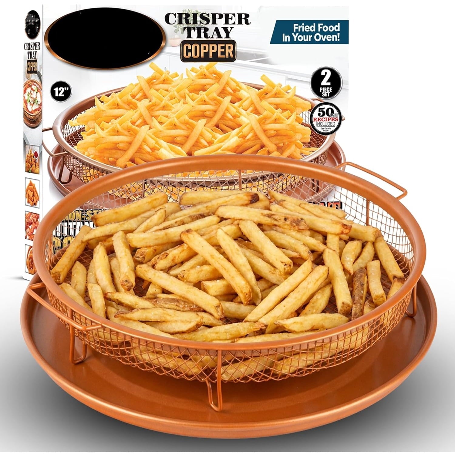 2 Piece Copper Air Fryer Tray, Non Stick Air Fry Crisper Baskets for Air Fryers, Oven and Dishwasher Safe, Round Pizza &amp; Bake Pan Frying