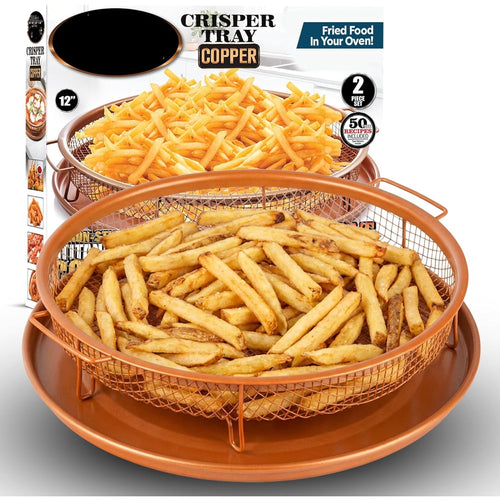 2 Piece Copper Air Fryer Tray, Non Stick Air Fry Crisper Baskets for Air Fryers, Oven and Dishwasher Safe, Round Pizza &amp; Bake Pan Frying