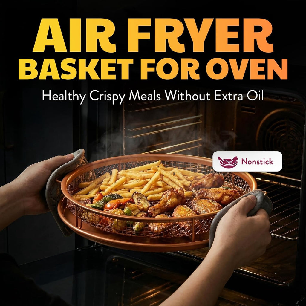 2 Piece Copper Air Fryer Tray, Non Stick Air Fry Crisper Baskets for Air Fryers, Oven and Dishwasher Safe, Round Pizza &amp; Bake Pan Frying