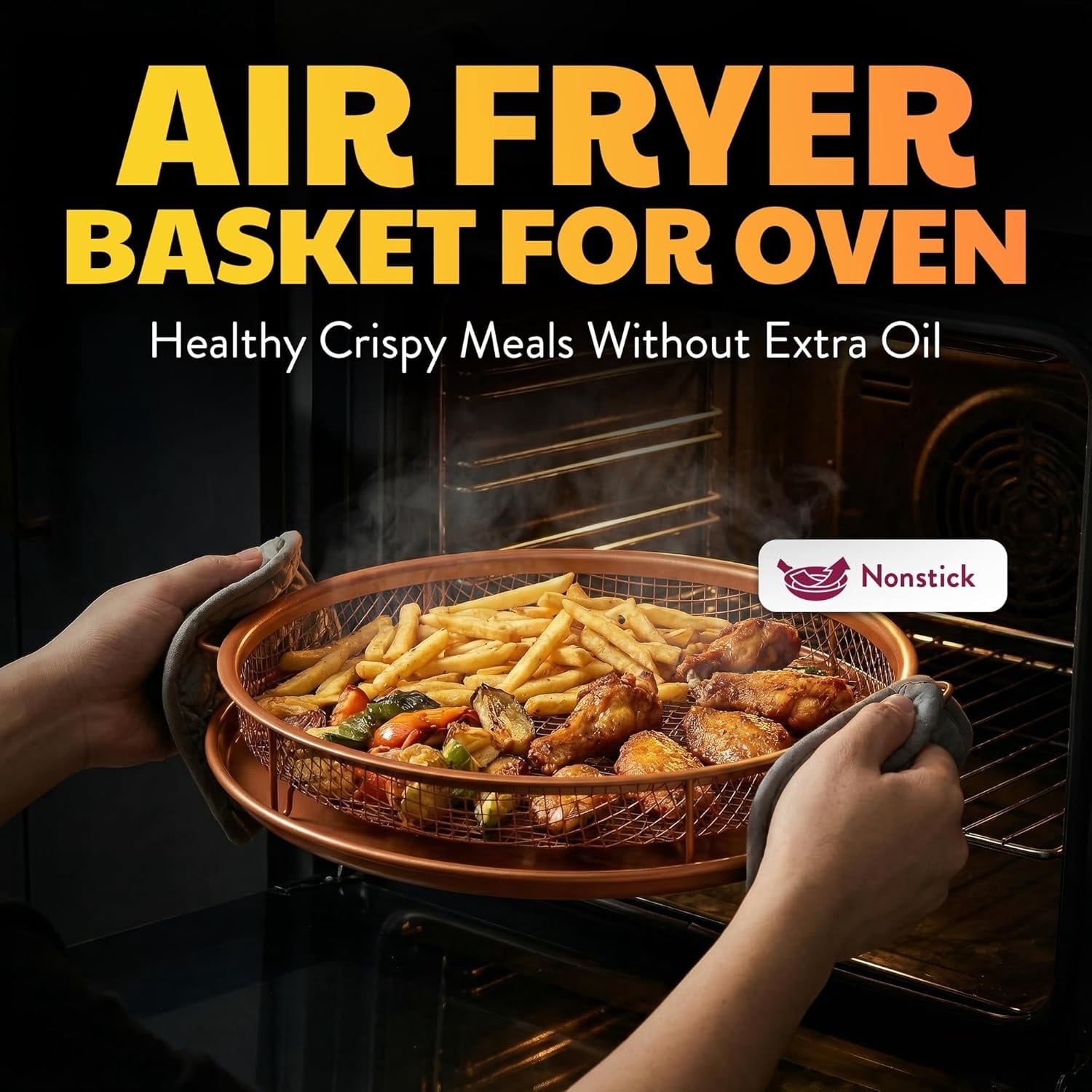 2 Piece Copper Air Fryer Tray, Non Stick Air Fry Crisper Baskets for Air Fryers, Oven and Dishwasher Safe, Round Pizza &amp; Bake Pan Frying