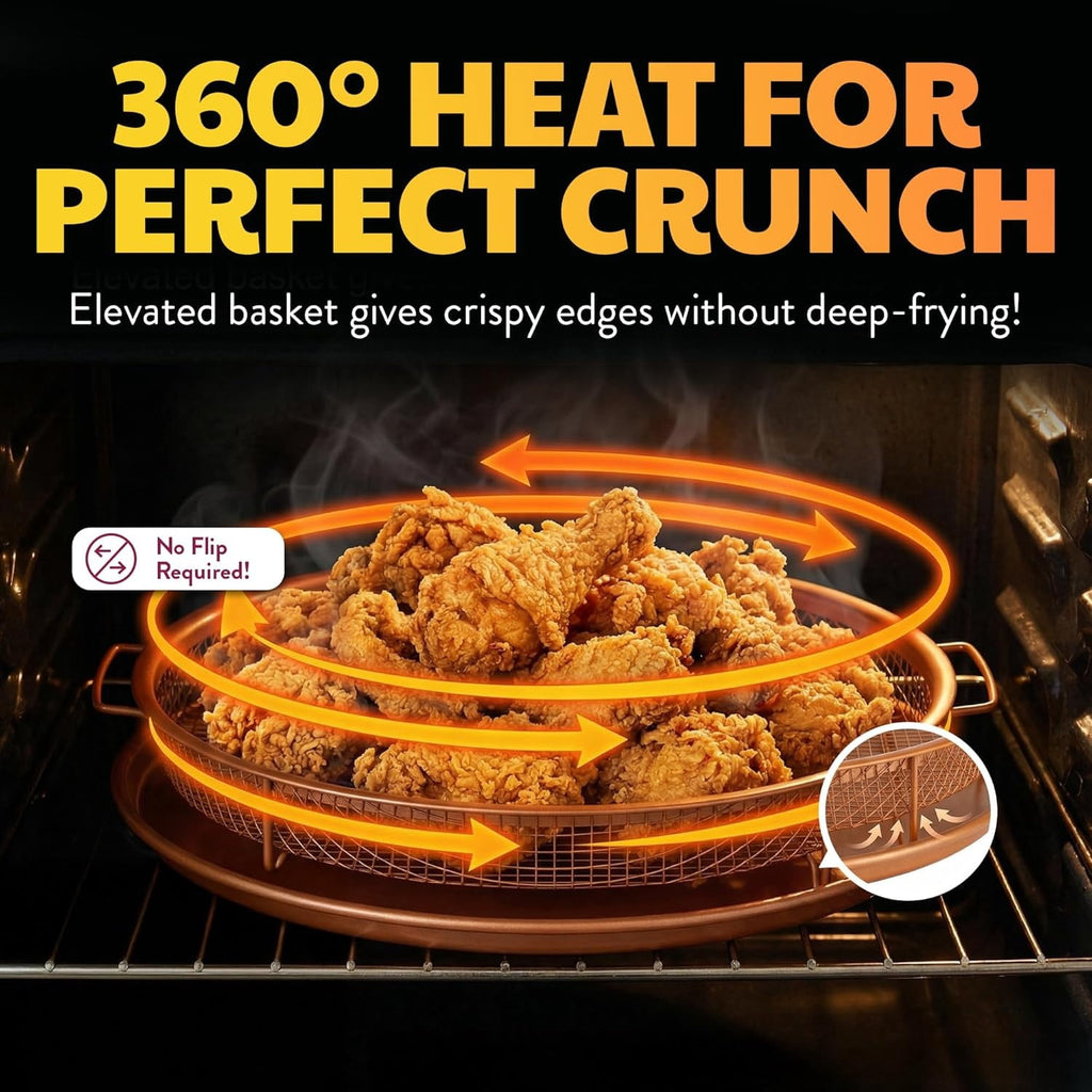 2 Piece Copper Air Fryer Tray, Non Stick Air Fry Crisper Baskets for Air Fryers, Oven and Dishwasher Safe, Round Pizza &amp; Bake Pan Frying