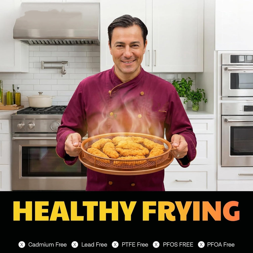 2 Piece Copper Air Fryer Tray, Non Stick Air Fry Crisper Baskets for Air Fryers, Oven and Dishwasher Safe, Round Pizza &amp; Bake Pan Frying