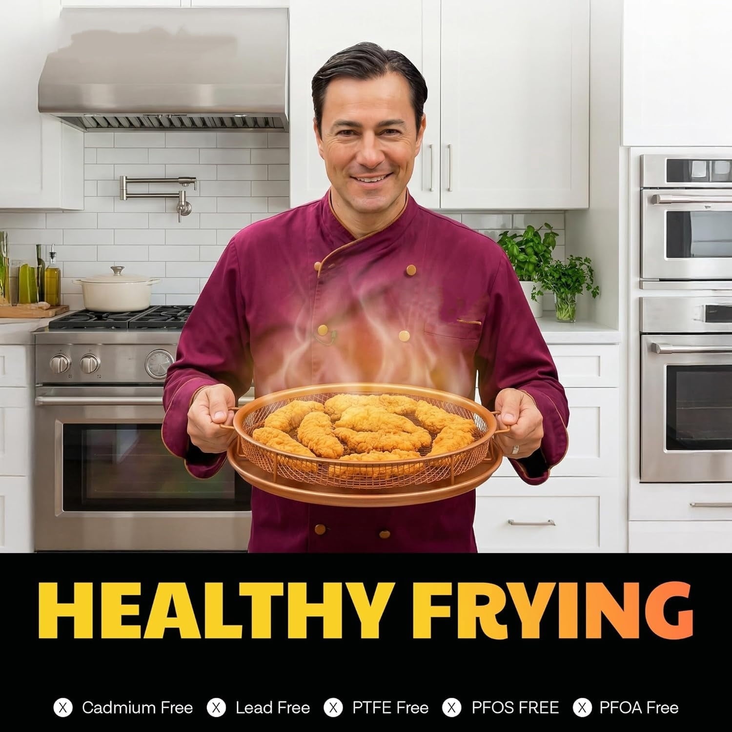 2 Piece Copper Air Fryer Tray, Non Stick Air Fry Crisper Baskets for Air Fryers, Oven and Dishwasher Safe, Round Pizza &amp; Bake Pan Frying