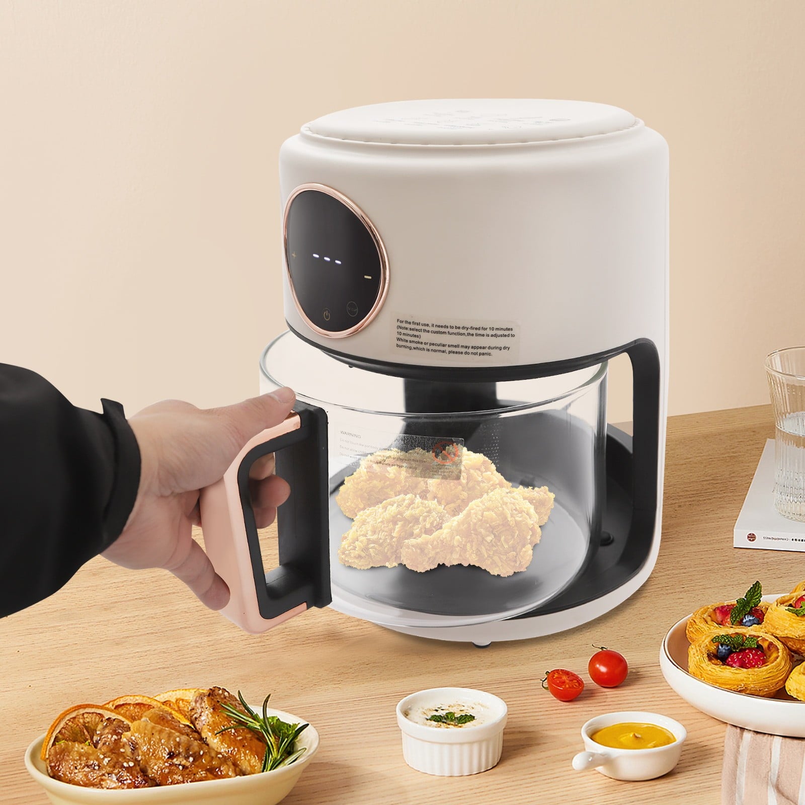 4.5 Quart Air Fryer, Borosilicate Glass Basket - Nonstick &amp; Dishwasher Safe, 360° View, Adjustable Temperature, Touch Panel Control, 0-60min Timer 1200W for Home Kitchens (White)