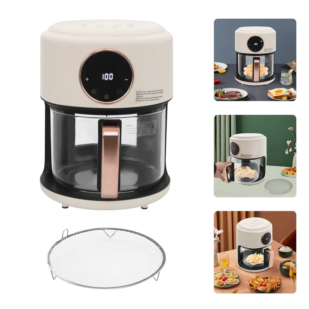 4.5 Quart Air Fryer, Borosilicate Glass Basket - Nonstick &amp; Dishwasher Safe, 360° View, Adjustable Temperature, Touch Panel Control, 0-60min Timer 1200W for Home Kitchens (White)