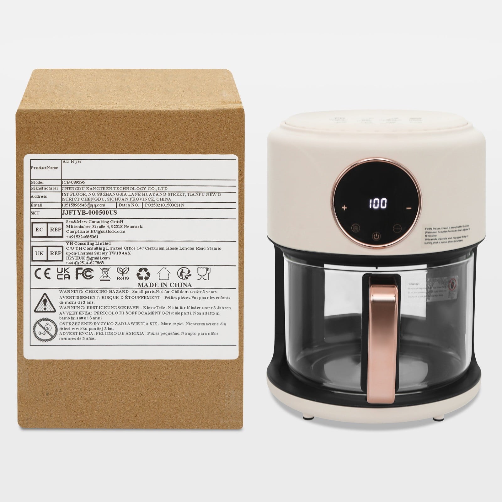 4.5 Quart Air Fryer, Borosilicate Glass Basket - Nonstick &amp; Dishwasher Safe, 360° View, Adjustable Temperature, Touch Panel Control, 0-60min Timer 1200W for Home Kitchens (White)