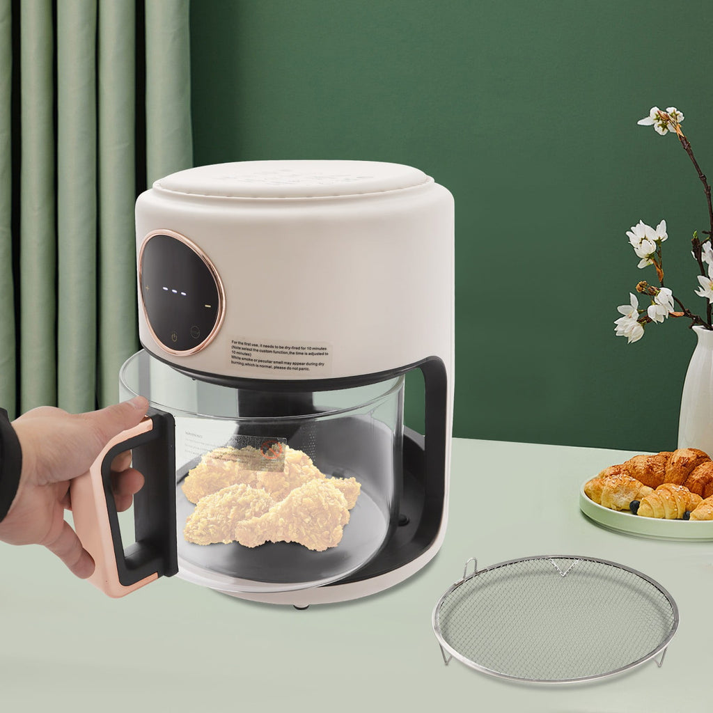 4.5 Quart Air Fryer, Borosilicate Glass Basket - Nonstick &amp; Dishwasher Safe, 360° View, Adjustable Temperature, Touch Panel Control, 0-60min Timer 1200W for Home Kitchens (White)