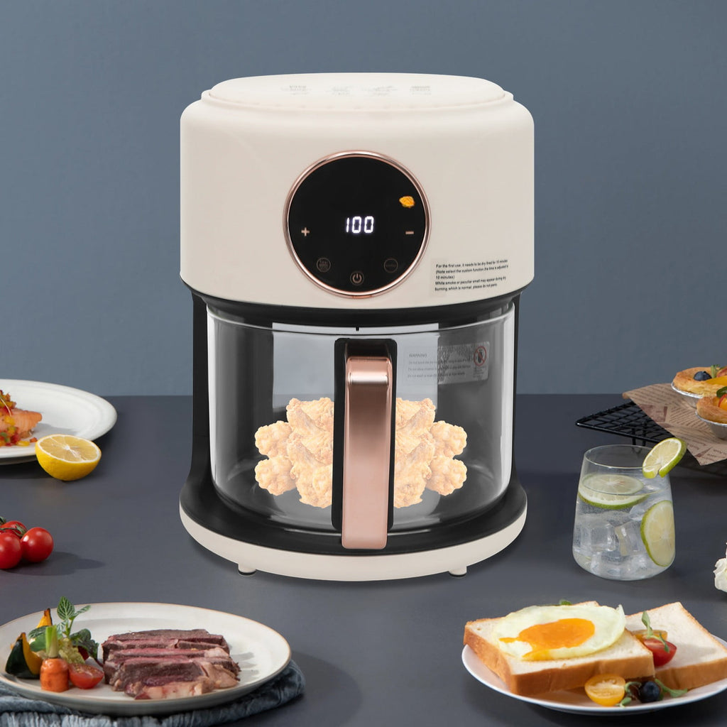 4.5 Quart Air Fryer, Borosilicate Glass Basket - Nonstick &amp; Dishwasher Safe, 360° View, Adjustable Temperature, Touch Panel Control, 0-60min Timer 1200W for Home Kitchens (White)