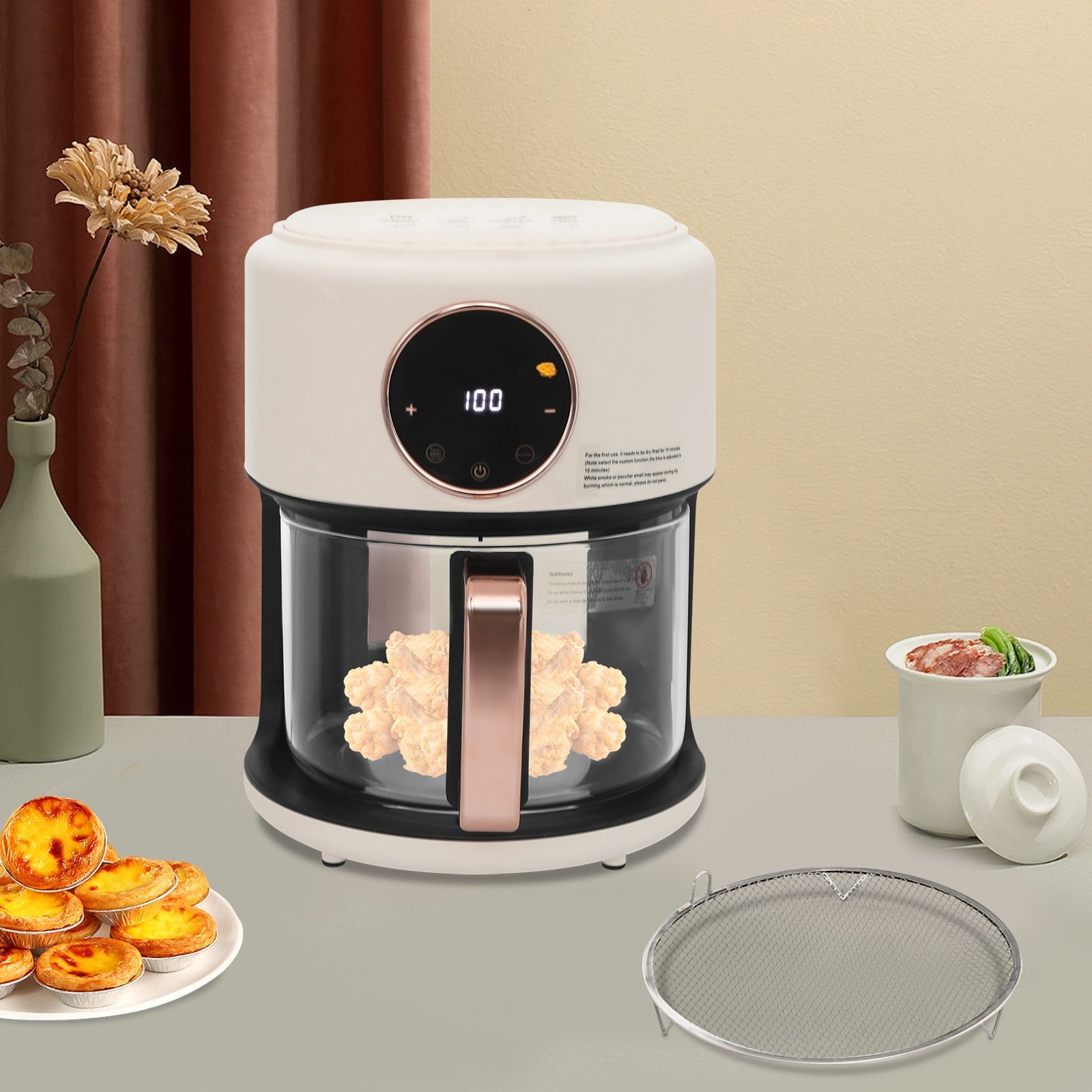 4.5 Quart Air Fryer, Borosilicate Glass Basket - Nonstick &amp; Dishwasher Safe, 360° View, Adjustable Temperature, Touch Panel Control, 0-60min Timer 1200W for Home Kitchens (White)