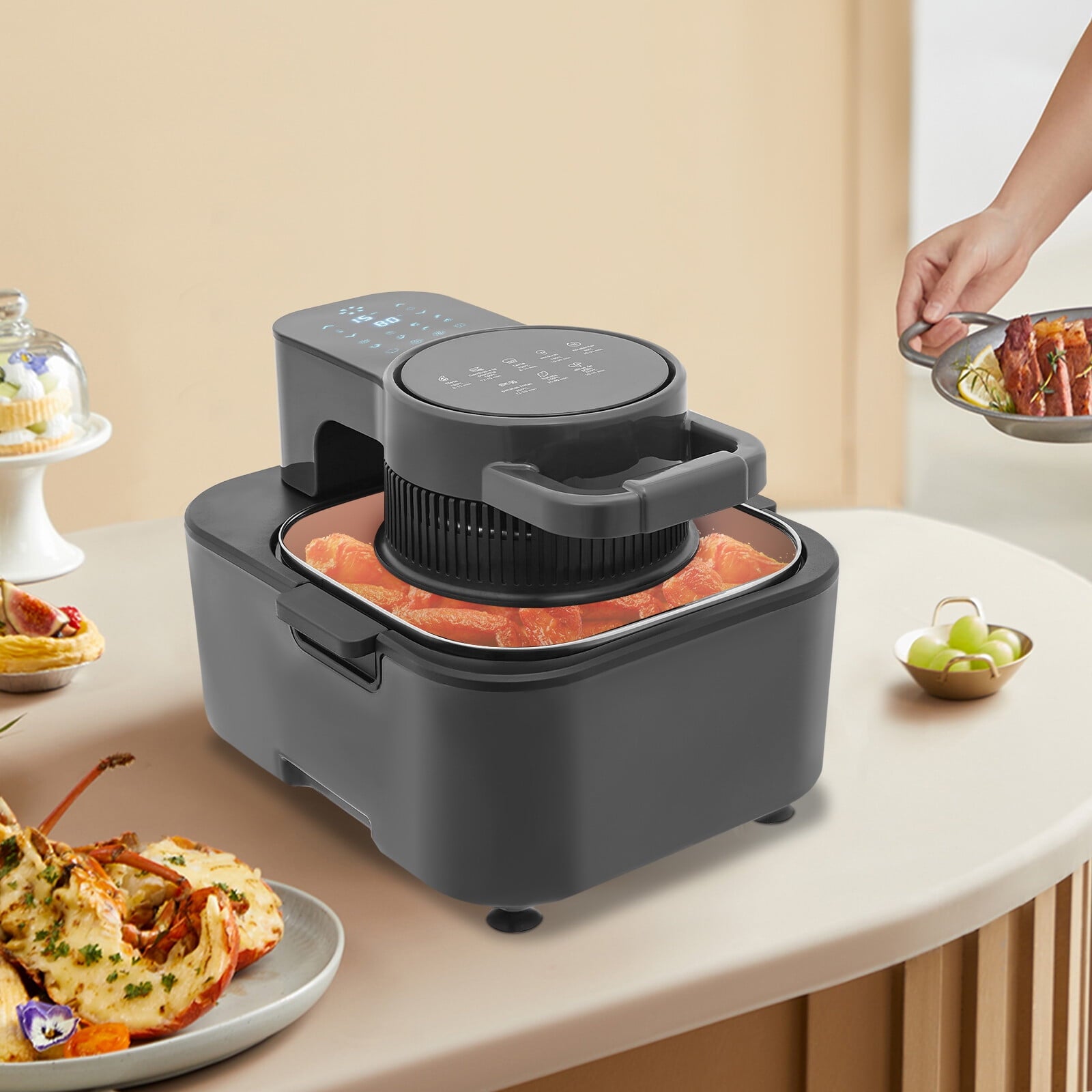 Black Oil-Free Air Fryer, 9L 1350W 6 Functions LCD Screen 360° Hot Air Family Gathering