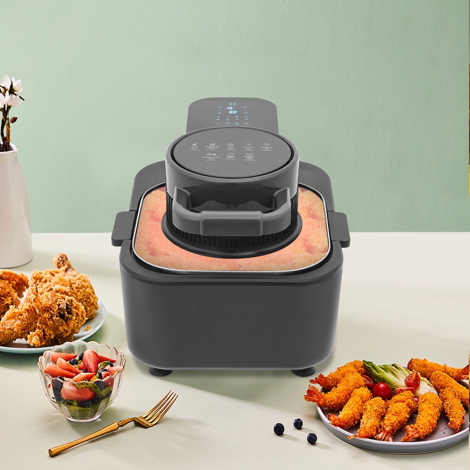 Black Oil-Free Air Fryer, 9L 1350W 6 Functions LCD Screen 360° Hot Air Family Gathering