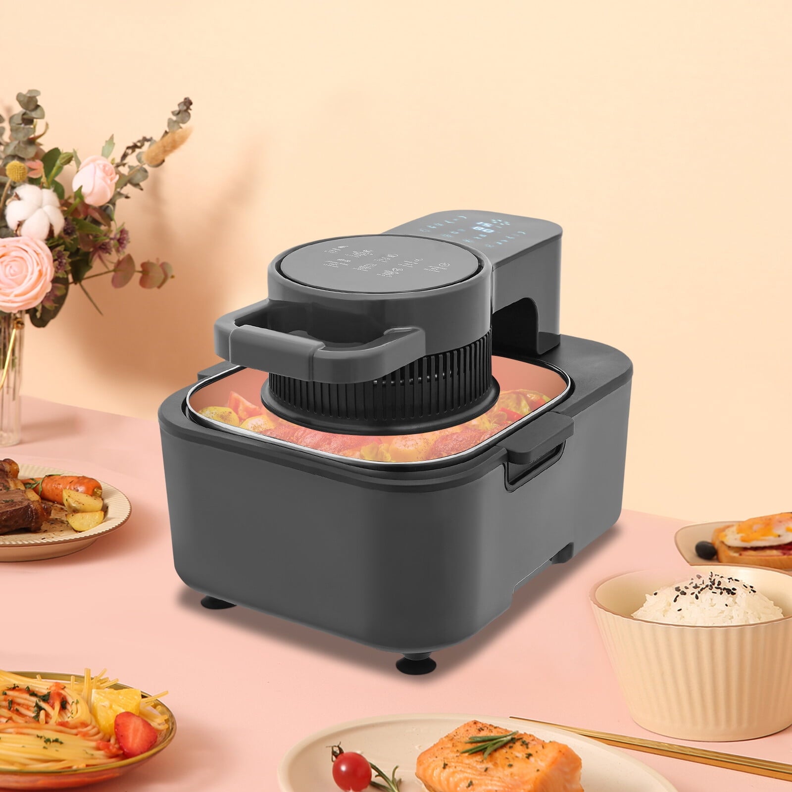 Black Oil-Free Air Fryer, 9L 1350W 6 Functions LCD Screen 360° Hot Air Family Gathering