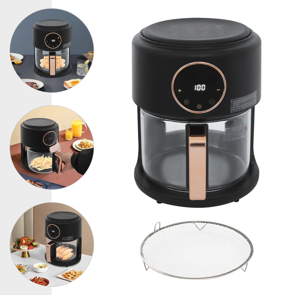 4.44Qt Mini Air Fryer, Adjustable Temperature Glass Air Fryer, 360° Viewable Touch Screen with Digital Display (Black)