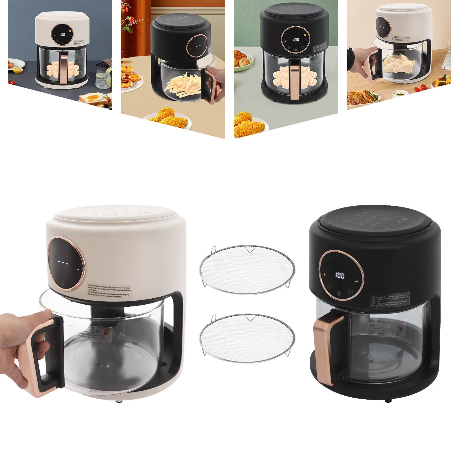 4.44Qt Mini Air Fryer, Adjustable Temperature Glass Air Fryer, 360° Viewable Touch Screen with Digital Display (Black)