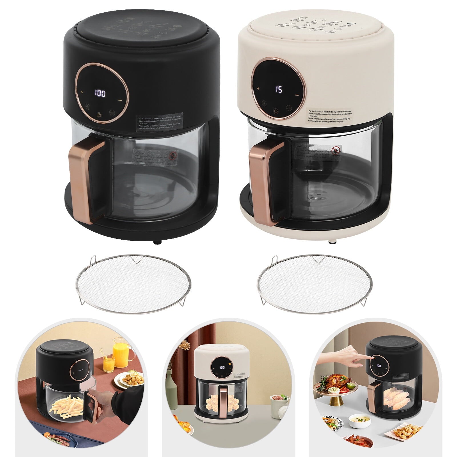 4.44Qt Mini Air Fryer, Adjustable Temperature Glass Air Fryer, 360° Viewable Touch Screen with Digital Display (Black)