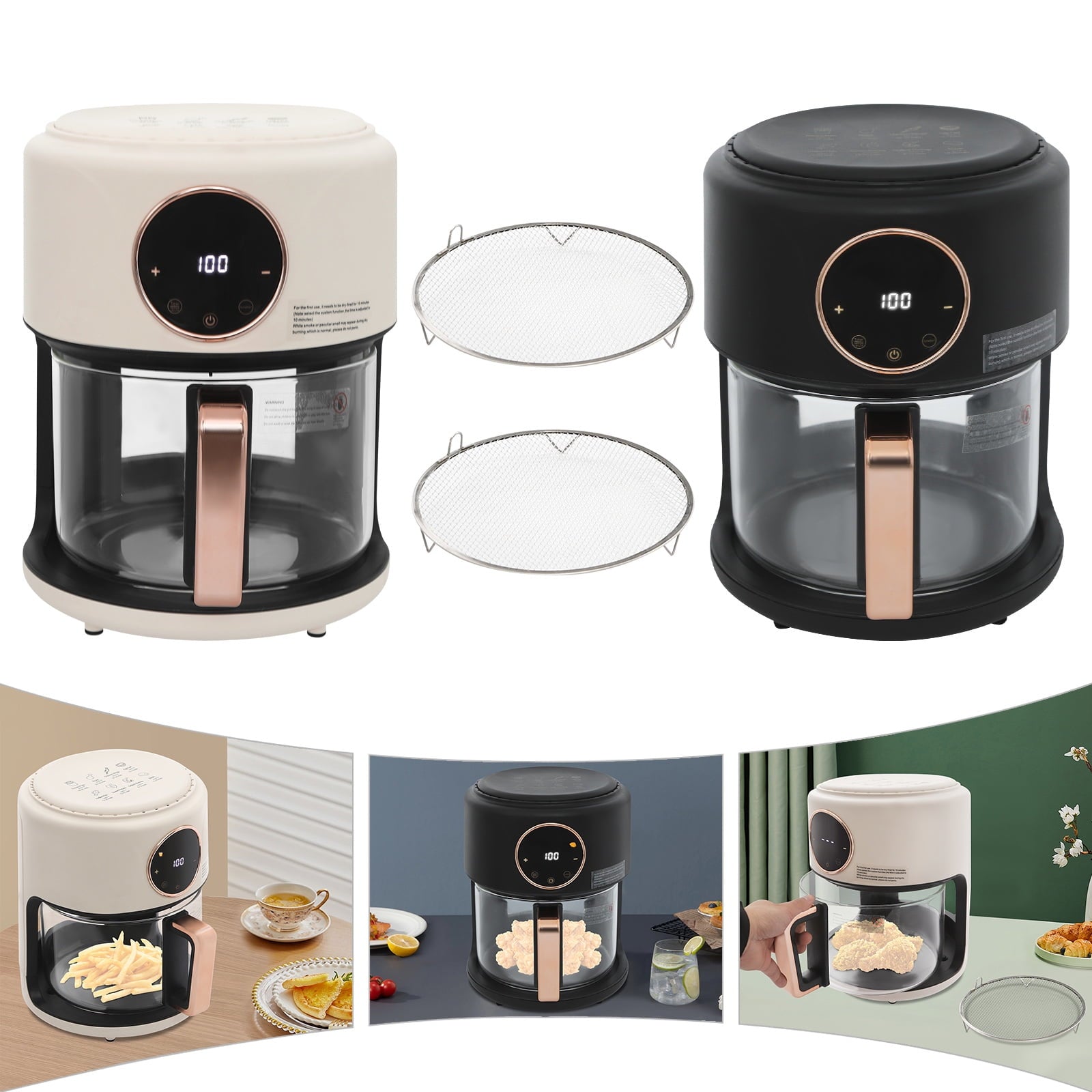 4.44Qt Mini Air Fryer, Adjustable Temperature Glass Air Fryer, 360° Viewable Touch Screen with Digital Display (Black)
