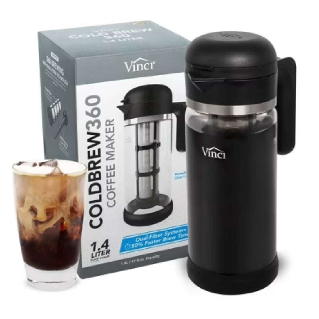 1.4L Cold Brew 360 Coffee Maker, Manual, Steep 6 - 12 Hours, Glass Carafe, 6 Cups, Black