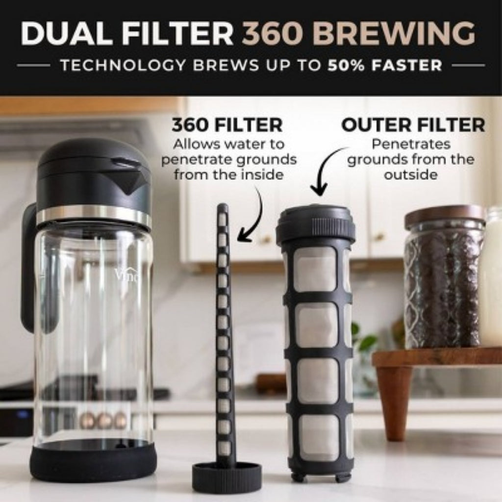 1.4L Cold Brew 360 Coffee Maker, Manual, Steep 6 - 12 Hours, Glass Carafe, 6 Cups, Black
