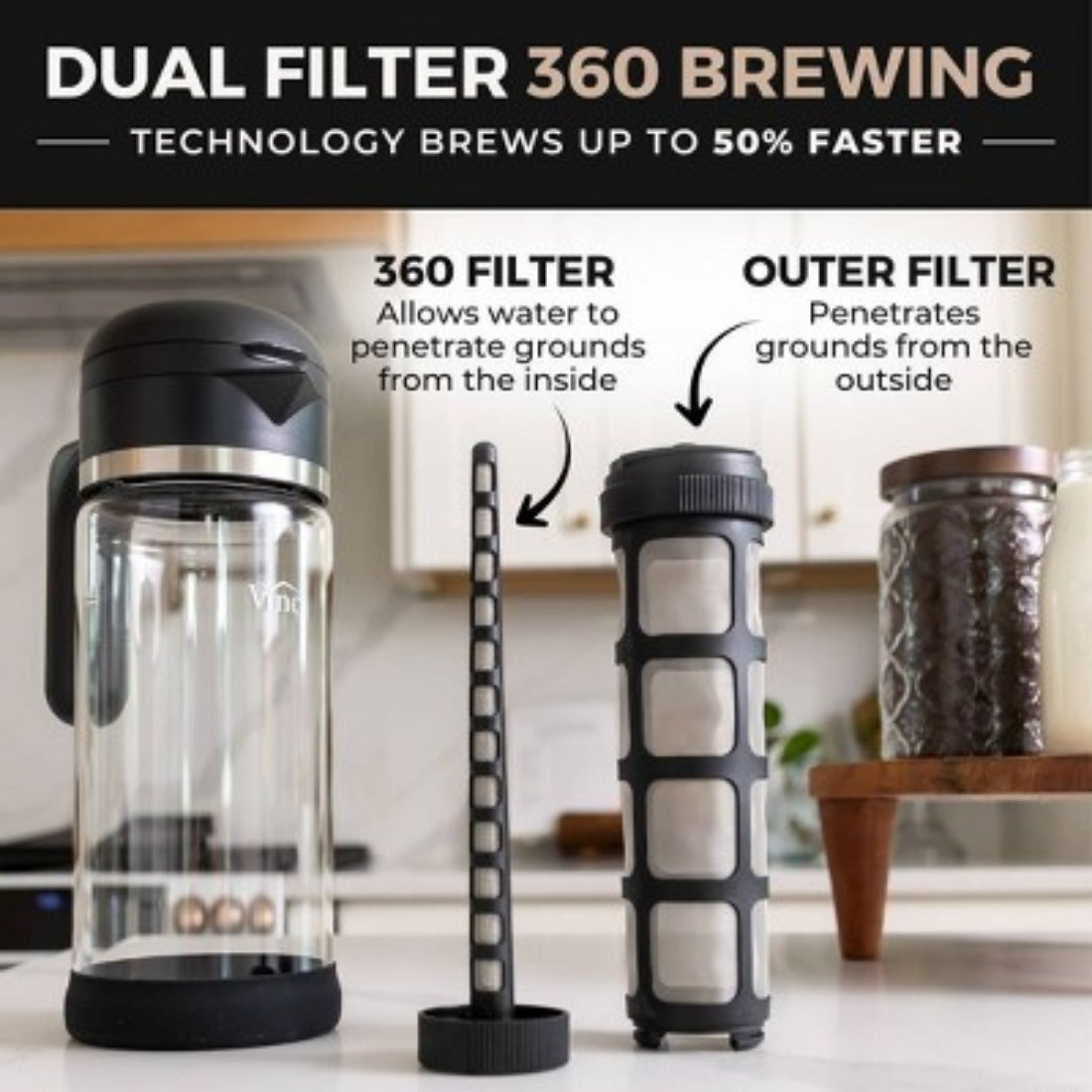 1.4L Cold Brew 360 Coffee Maker, Manual, Steep 6 - 12 Hours, Glass Carafe, 6 Cups, Black