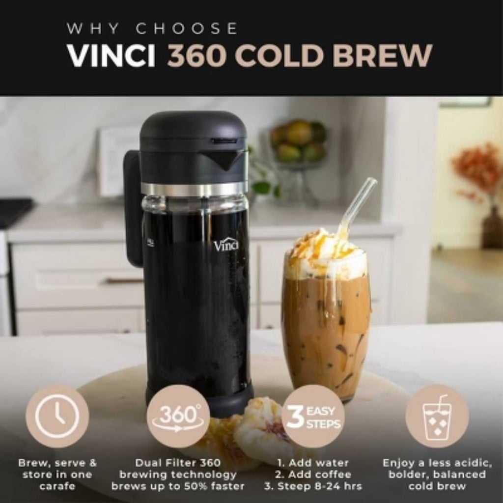 1.4L Cold Brew 360 Coffee Maker, Manual, Steep 6 - 12 Hours, Glass Carafe, 6 Cups, Black