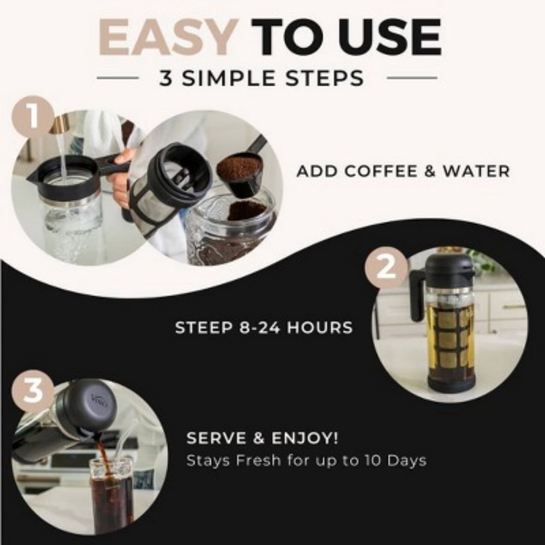 1.4L Cold Brew 360 Coffee Maker, Manual, Steep 6 - 12 Hours, Glass Carafe, 6 Cups, Black
