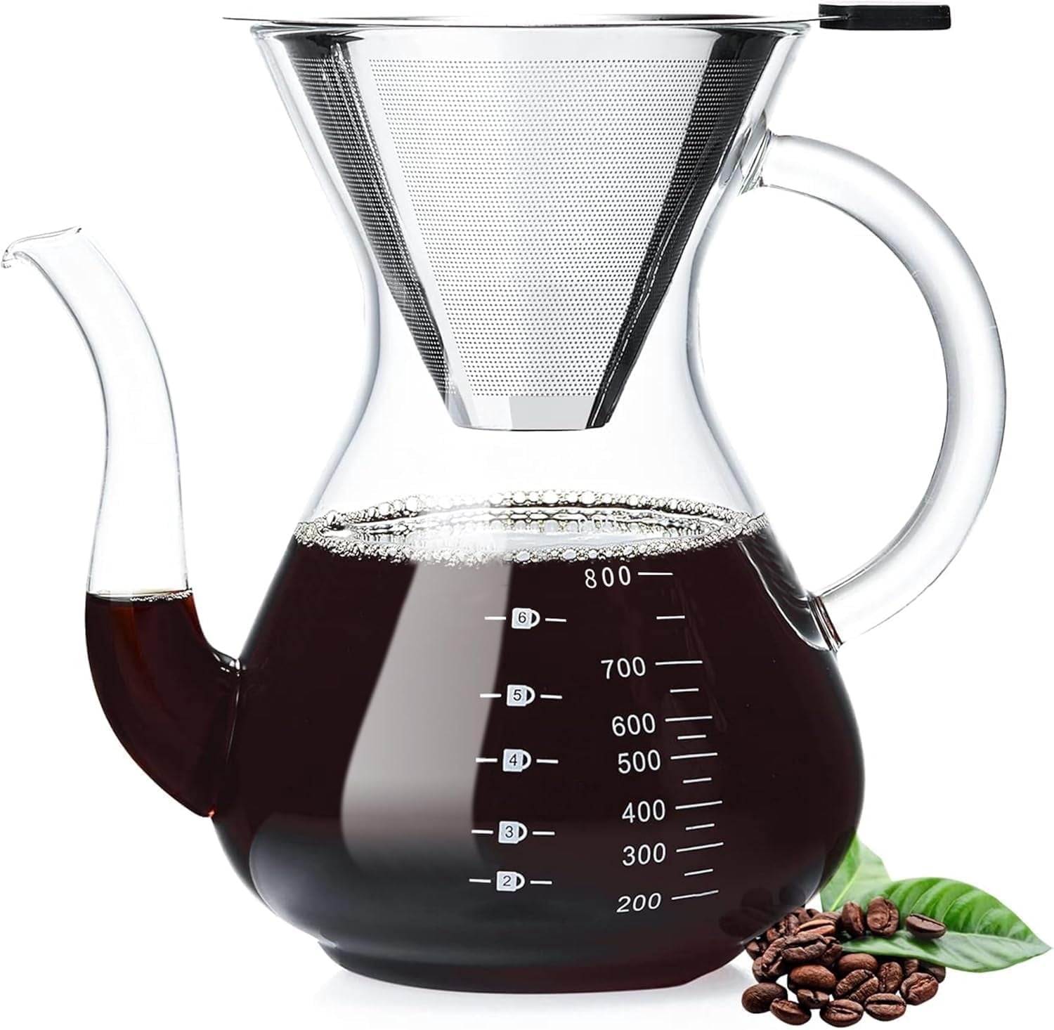 Coffee Maker with Double Stainless Filter 34 fl oz, Thickened Heat-Resistant Borosilicate Glass Pour Over Coffee Dripper, Stovetop Safe