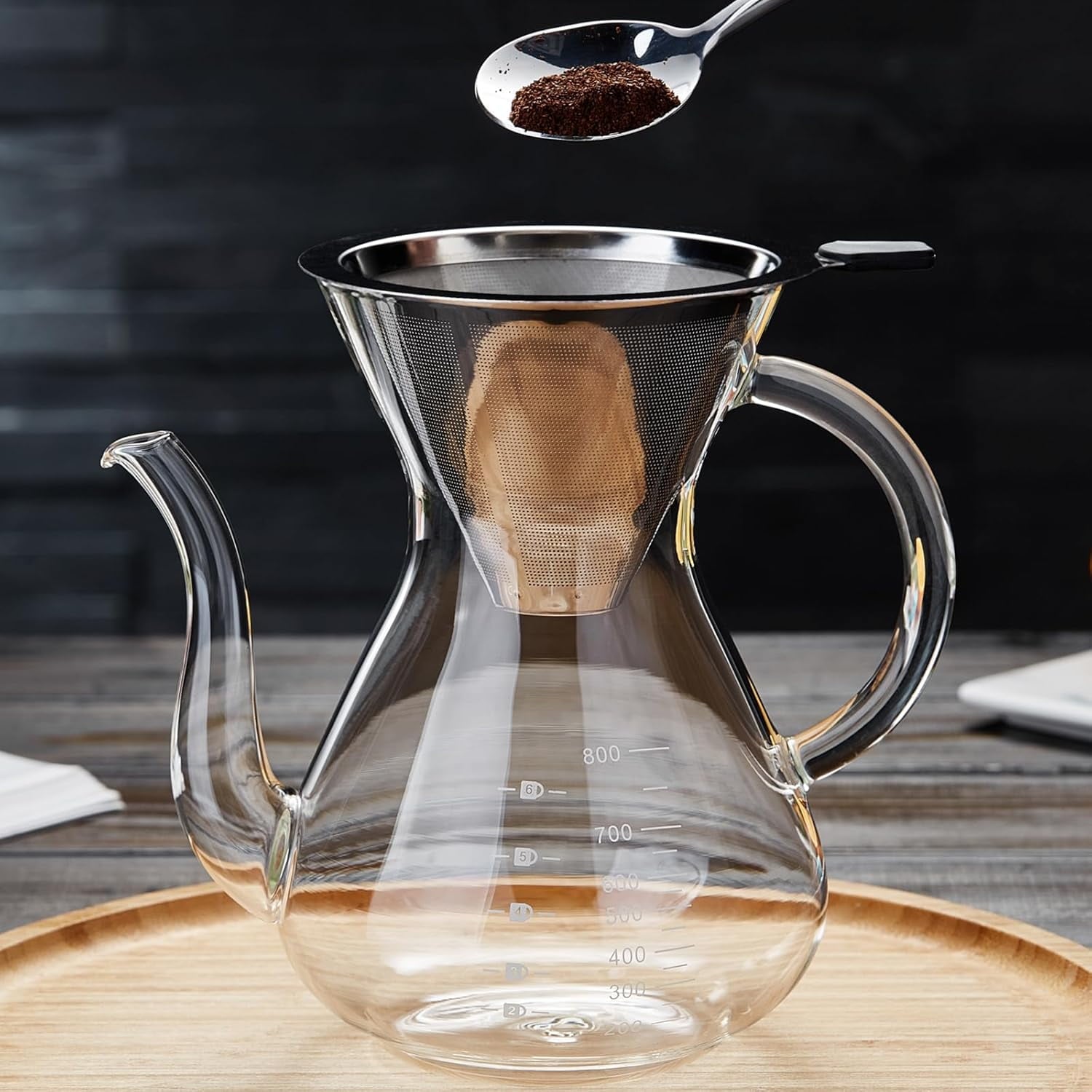 Coffee Maker with Double Stainless Filter 34 fl oz, Thickened Heat-Resistant Borosilicate Glass Pour Over Coffee Dripper, Stovetop Safe