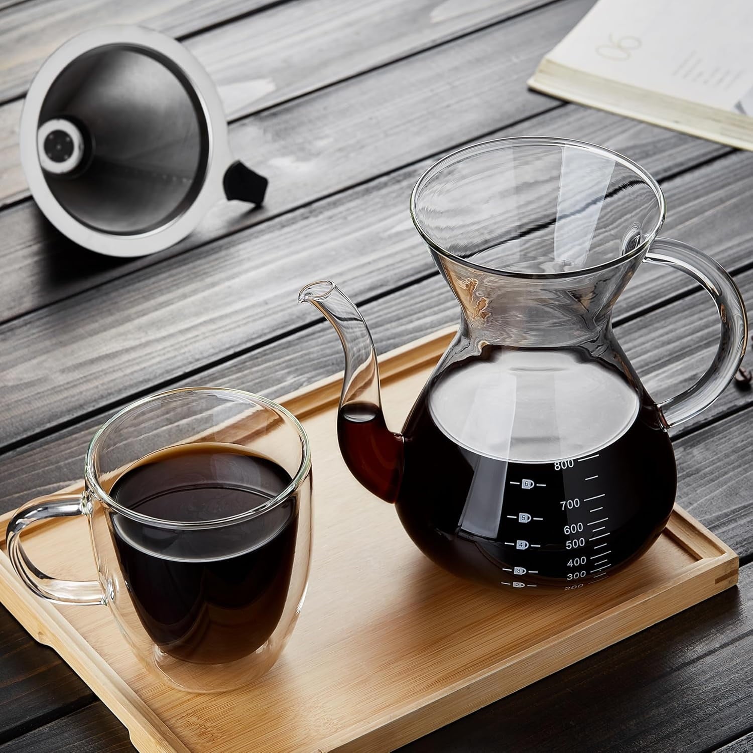 Coffee Maker with Double Stainless Filter 34 fl oz, Thickened Heat-Resistant Borosilicate Glass Pour Over Coffee Dripper, Stovetop Safe