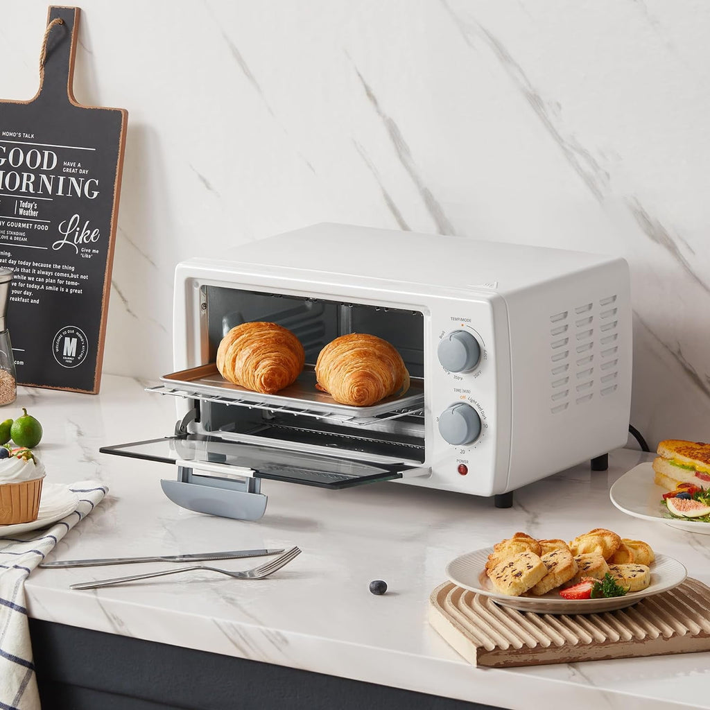 Compact Toaster Oven with 3 Functions, 4  Capacity, 950W White Mini Oven for Pizza &amp; Baking