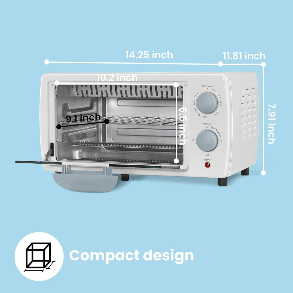 Compact Toaster Oven with 3 Functions, 4  Capacity, 950W White Mini Oven for Pizza &amp; Baking