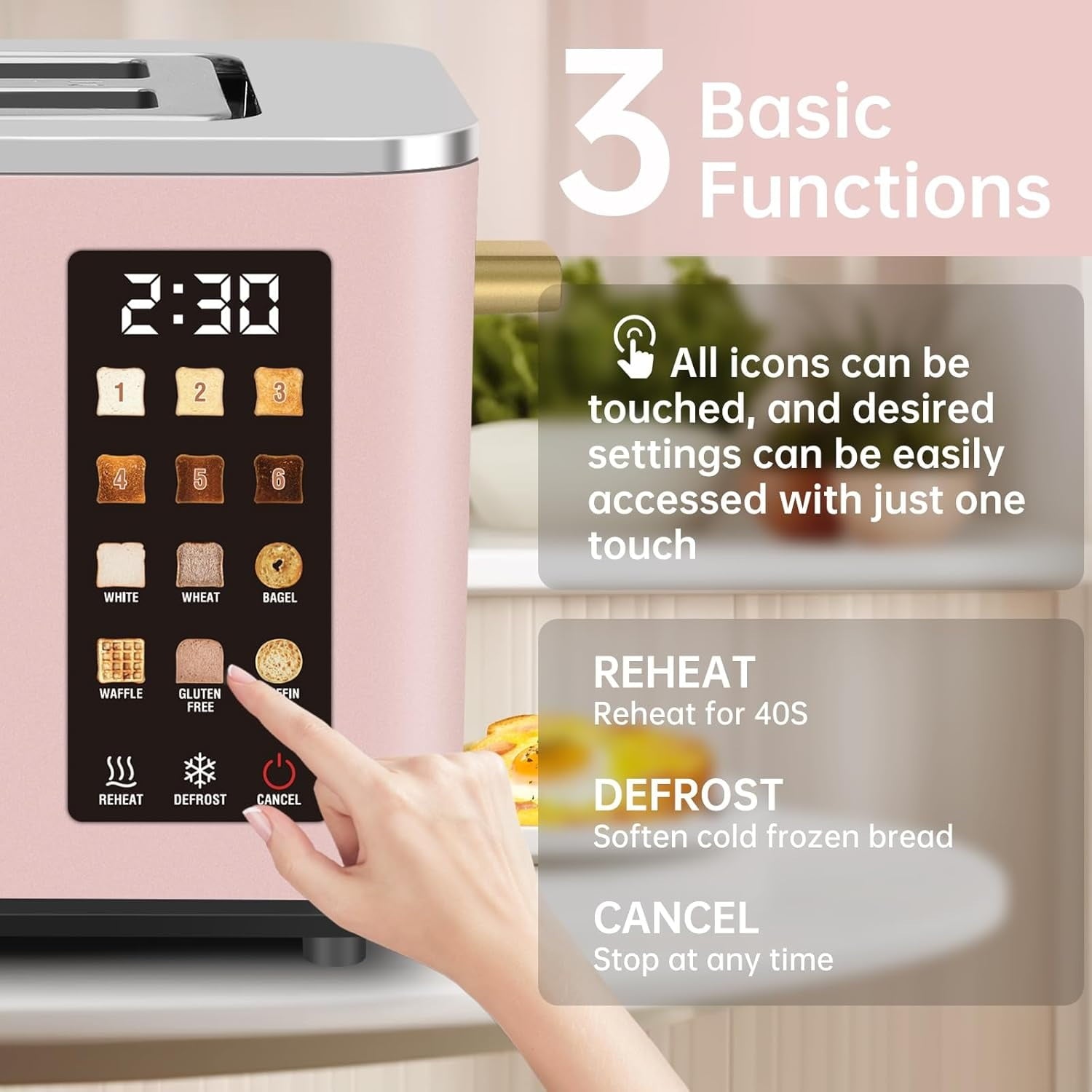 Touch Control Screen Toaster, Smart Stainless Toaster, 6 Shade Setting, 6 Bread Selection, Countdown, Removable Crumb Tray, 900W, Peach Pink