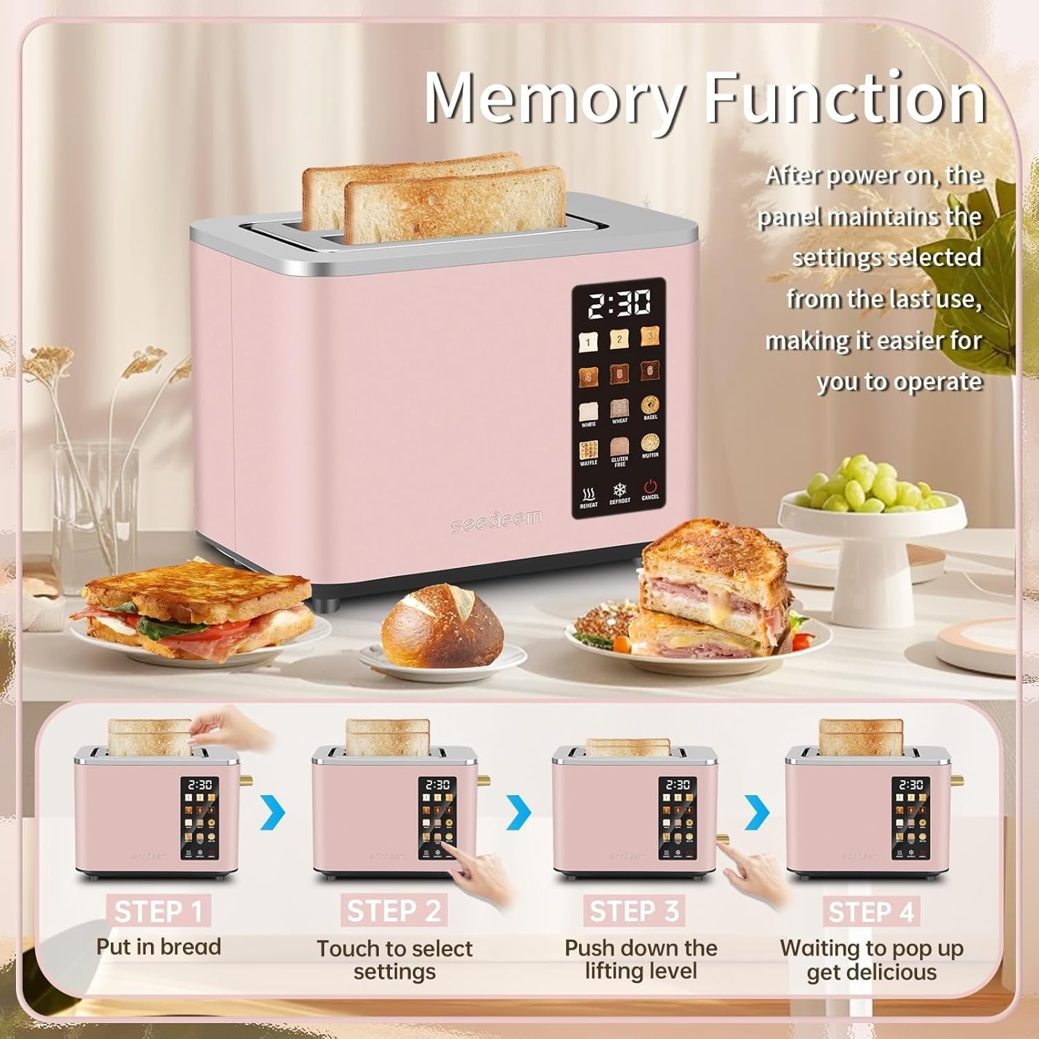 Touch Control Screen Toaster, Smart Stainless Toaster, 6 Shade Setting, 6 Bread Selection, Countdown, Removable Crumb Tray, 900W, Peach Pink