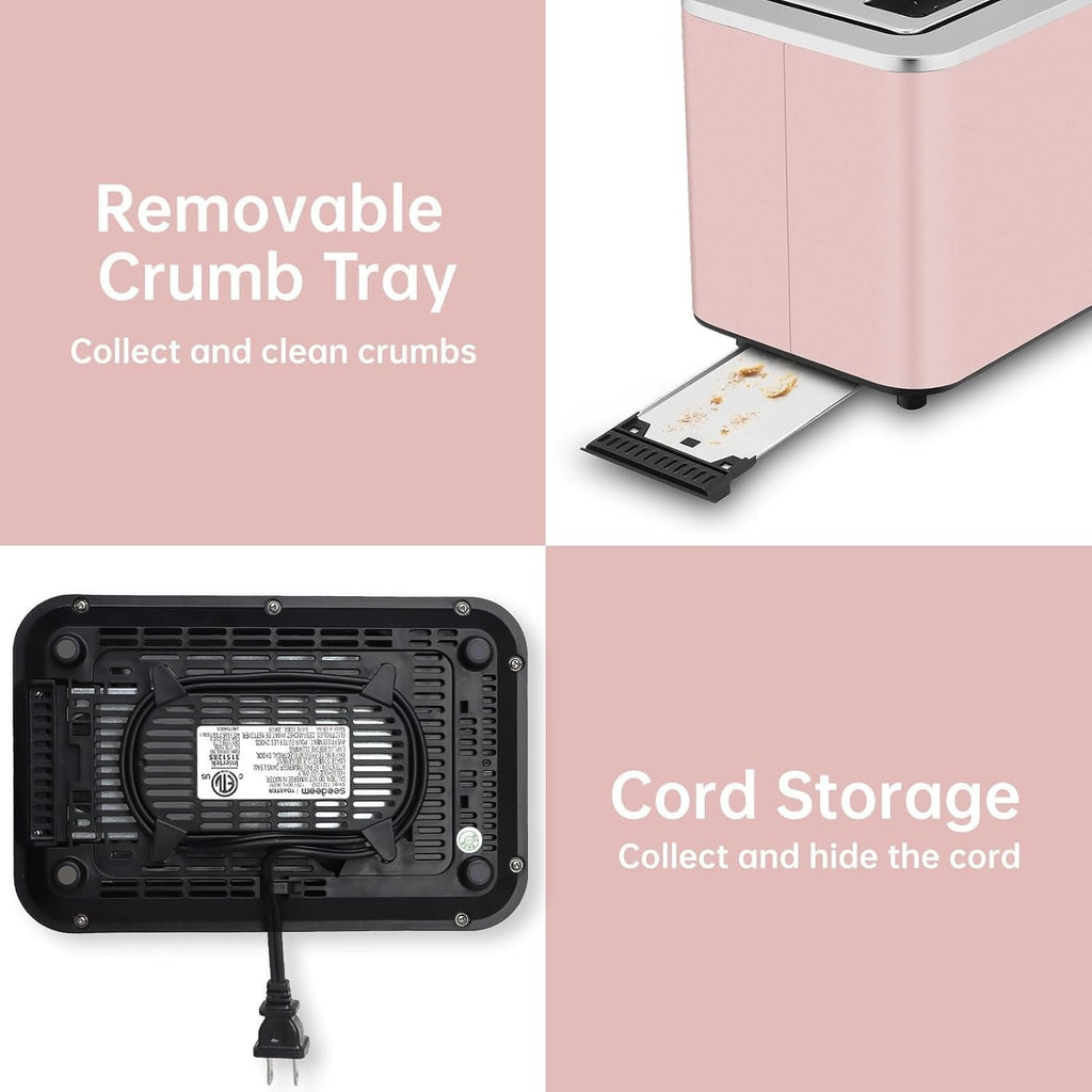 Touch Control Screen Toaster, Smart Stainless Toaster, 6 Shade Setting, 6 Bread Selection, Countdown, Removable Crumb Tray, 900W, Peach Pink