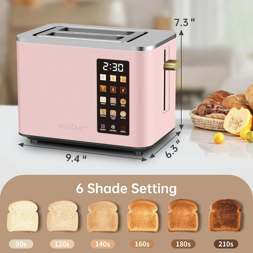 Touch Control Screen Toaster, Smart Stainless Toaster, 6 Shade Setting, 6 Bread Selection, Countdown, Removable Crumb Tray, 900W, Peach Pink