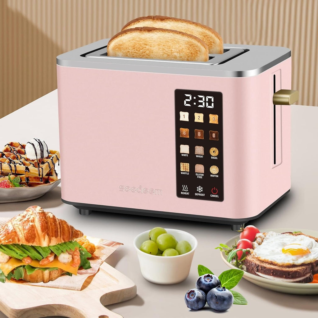 Touch Control Screen Toaster, Smart Stainless Toaster, 6 Shade Setting, 6 Bread Selection, Countdown, Removable Crumb Tray, 900W, Peach Pink