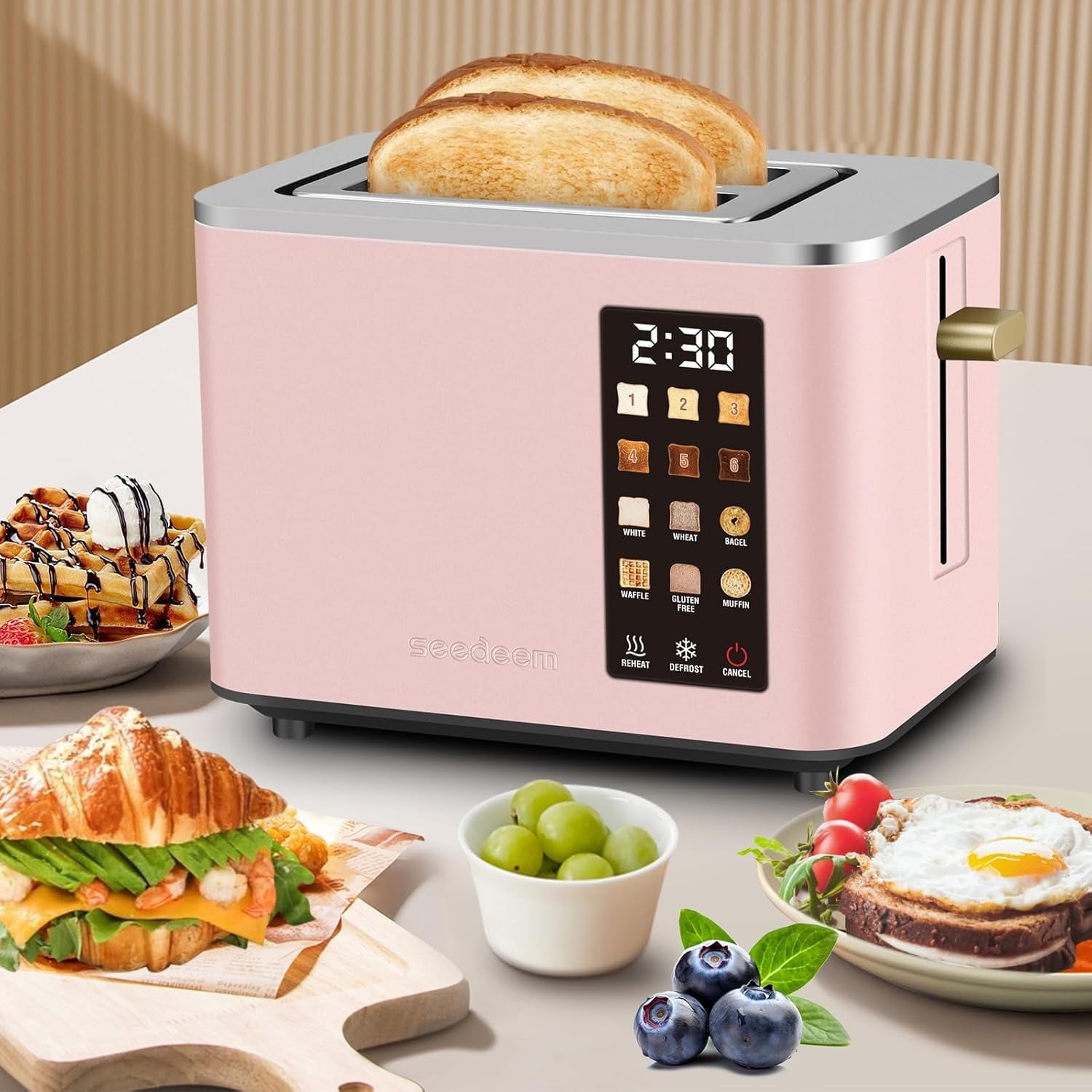 Touch Control Screen Toaster, Smart Stainless Toaster, 6 Shade Setting, 6 Bread Selection, Countdown, Removable Crumb Tray, 900W, Peach Pink