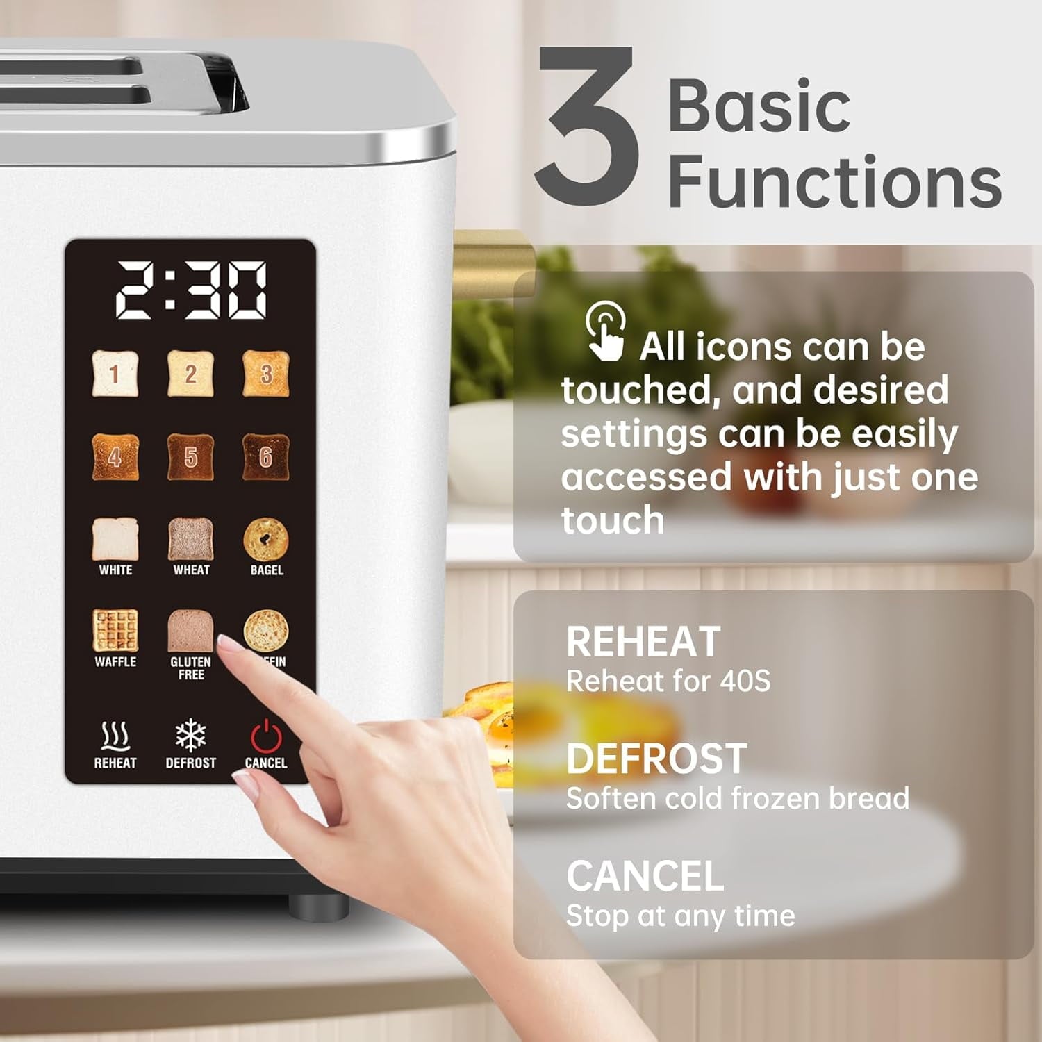 Touch Control Screen Toaster, Smart Stainless Toaster, 6 Shade Setting, 6 Bread Selection, Countdown, Removable Crumb Tray, 900W, Peach Pink