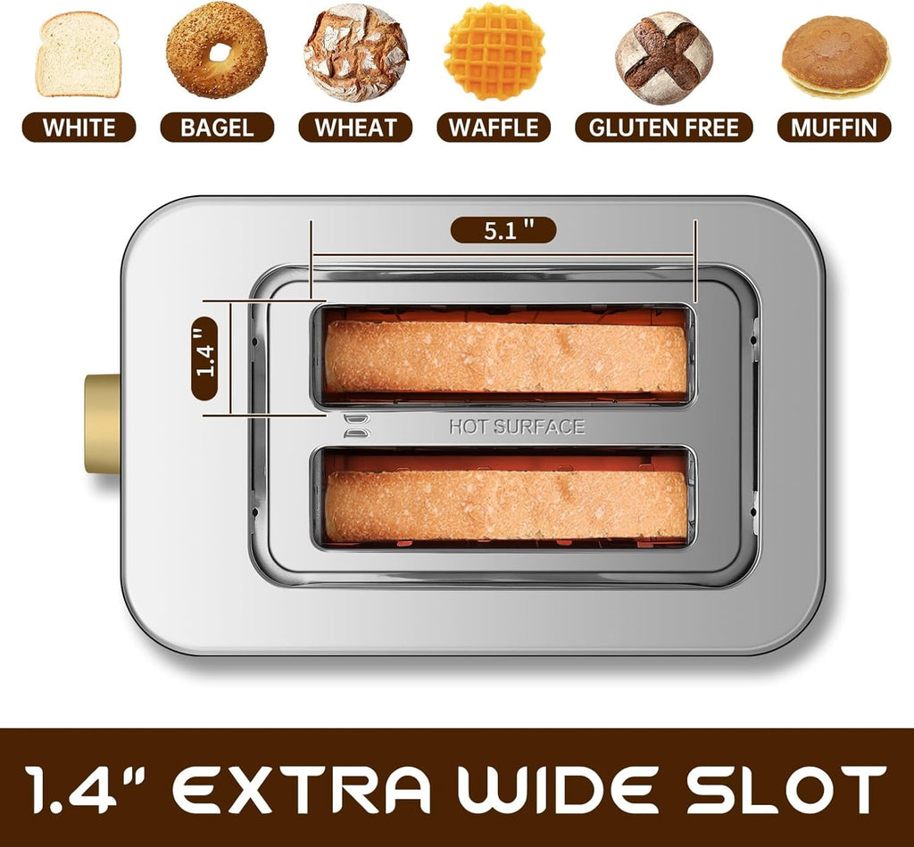 Touch Control Screen Toaster, Smart Stainless Toaster, 6 Shade Setting, 6 Bread Selection, Countdown, Removable Crumb Tray, 900W, Peach Pink