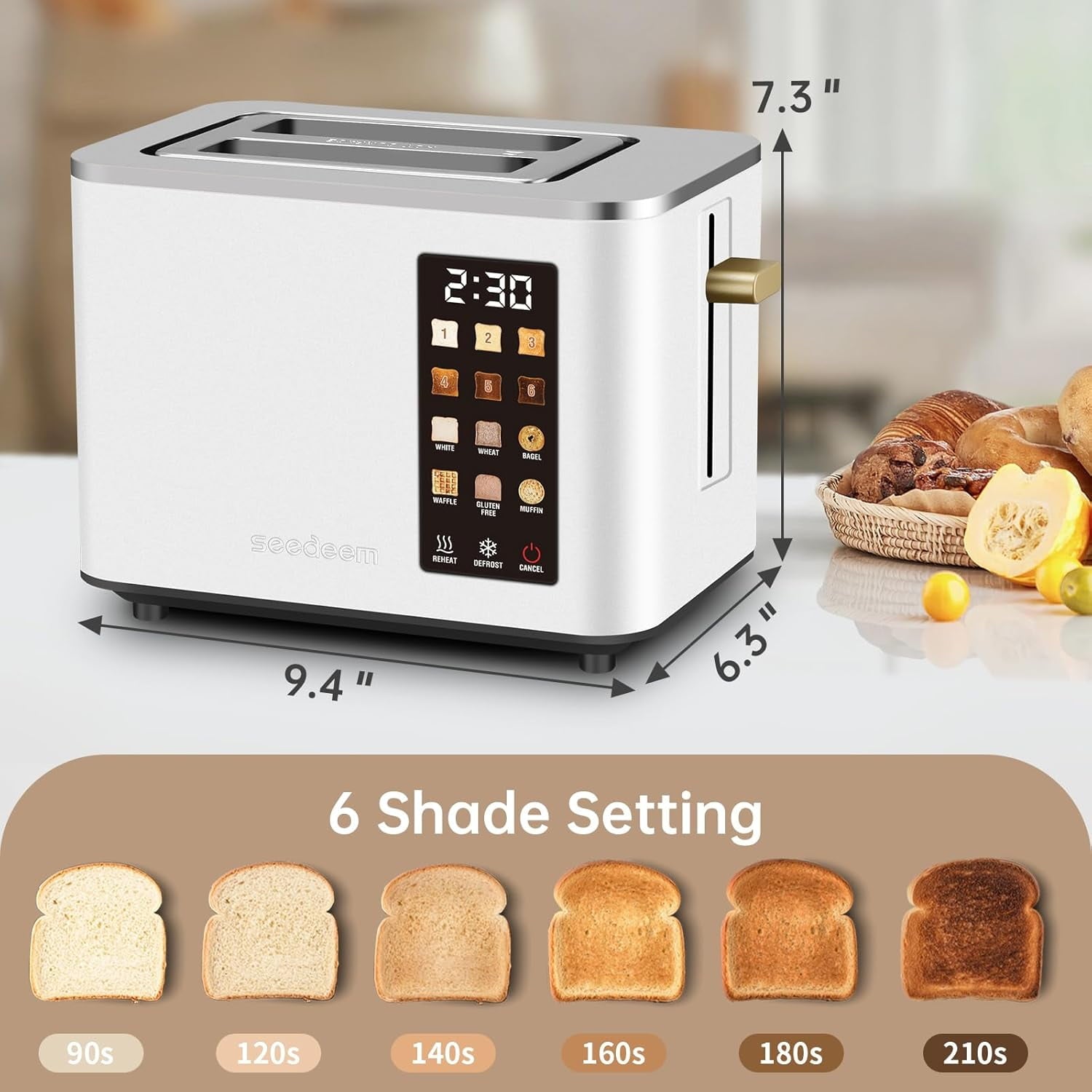 Touch Control Screen Toaster, Smart Stainless Toaster, 6 Shade Setting, 6 Bread Selection, Countdown, Removable Crumb Tray, 900W, Peach Pink