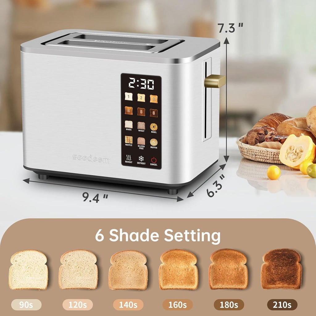 Touch Control Screen Toaster, Smart Stainless Toaster, 6 Shade Setting, 6 Bread Selection, Countdown, Removable Crumb Tray, 900W, Peach Pink