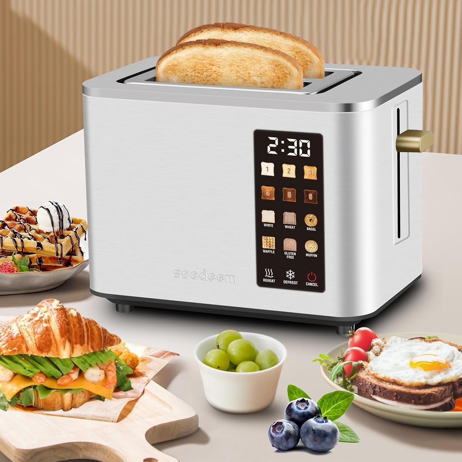 Touch Control Screen Toaster, Smart Stainless Toaster, 6 Shade Setting, 6 Bread Selection, Countdown, Removable Crumb Tray, 900W, Peach Pink