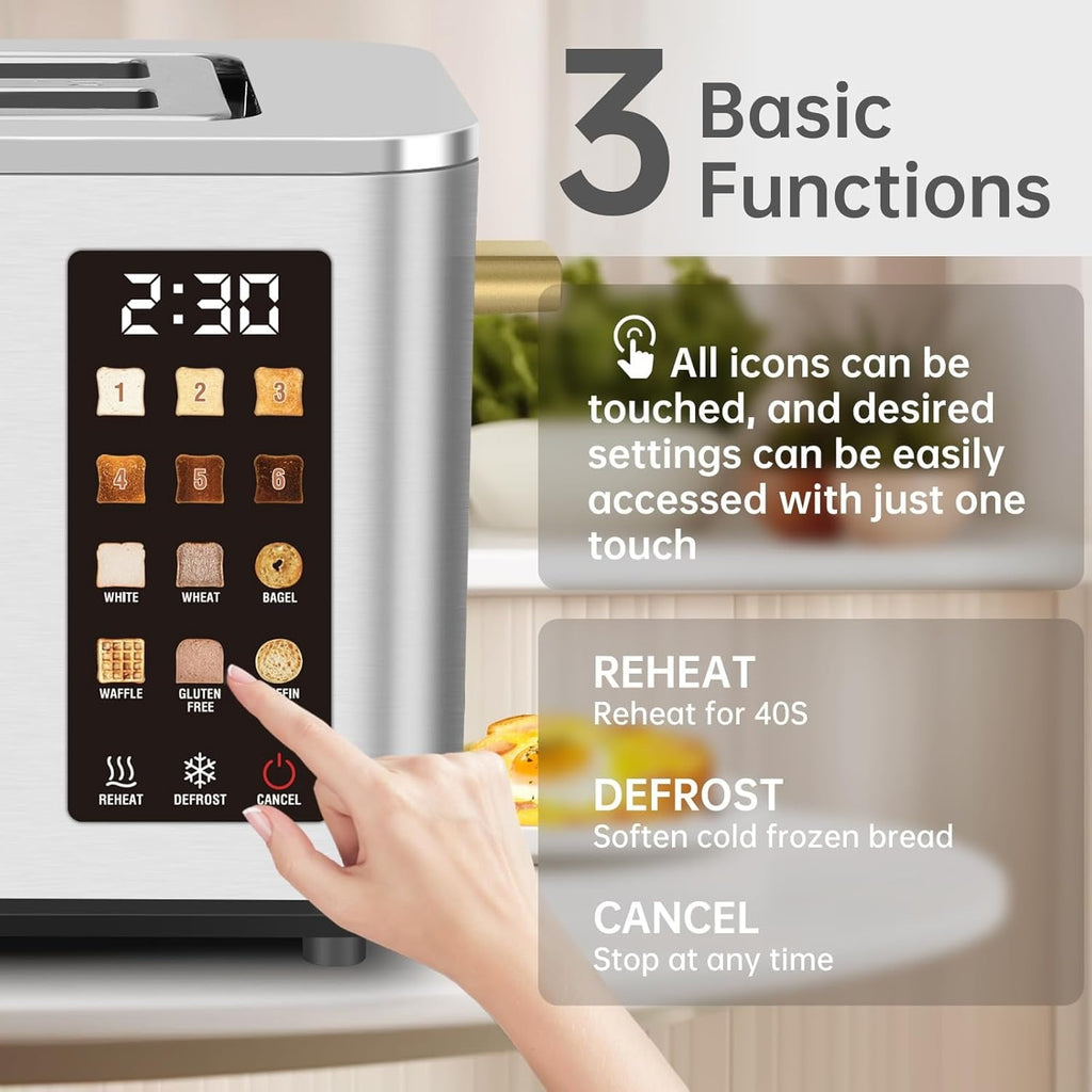 Touch Control Screen Toaster, Smart Stainless Toaster, 6 Shade Setting, 6 Bread Selection, Countdown, Removable Crumb Tray, 900W, Peach Pink